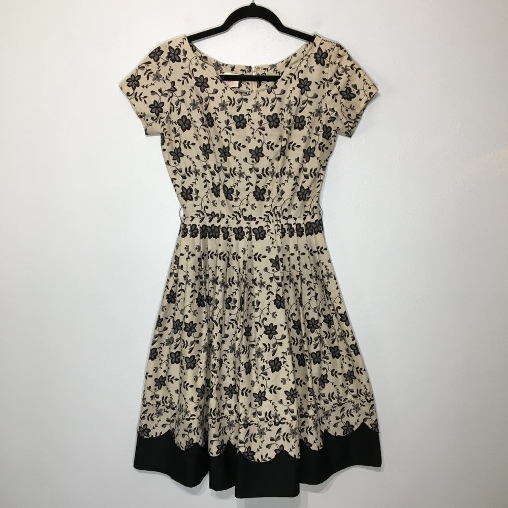 Vintage 50s Tan Floral Fit and Flare Party Dress Matching Belt Pleated Skirt VLV - Picture 12 of 16
